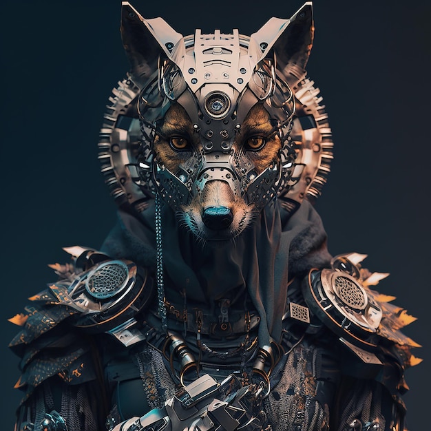 Le loup dans le cyberpunk futuriste, le métal robotique, les anciennes armures rustiques.