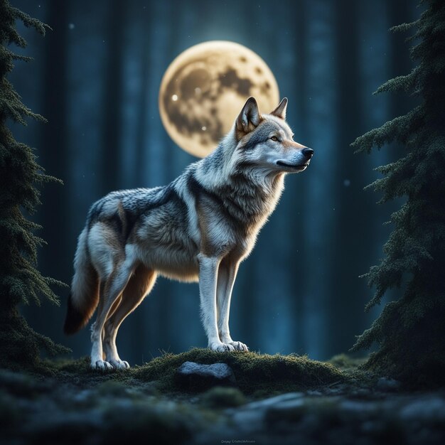 Un loup dans la forêt sur le fond de la lune