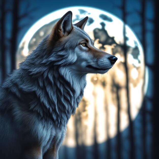 Photo un loup dans la forêt sur le fond de la lune