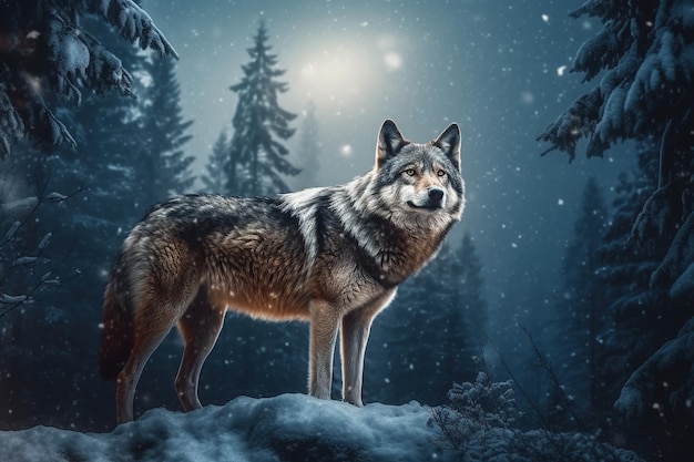 Loup dans la forêt d'hiver la nuit