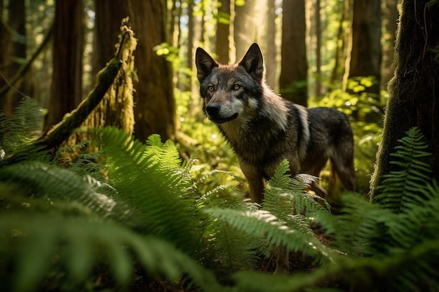 Un loup dans la forêt avec le soleil qui brille sur son visage.