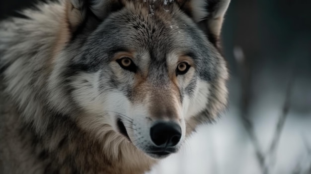 Un loup dans la neige avec une lumière sur le visage