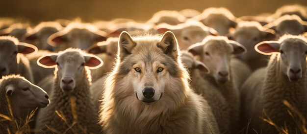 Photo loup dans un troupeau de moutons avec des vêtements de laine loup faisant semblant d'être un concept de mouton