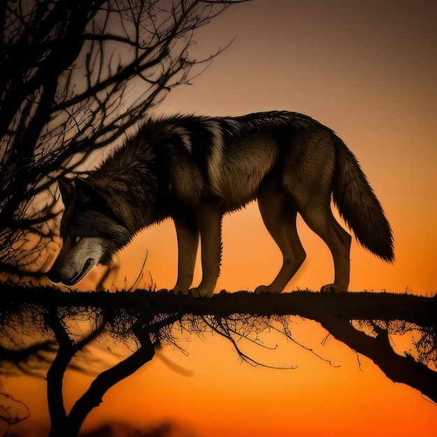 Un loup debout sur une branche avec un coucher de soleil en arrière-plan