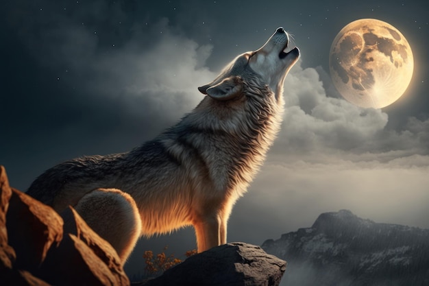 Loup debout sur la colline et hurlant à la pleine lune AI générative