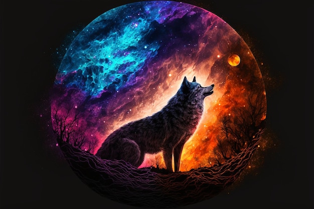 Loup debout devant une pleine lune ai générative