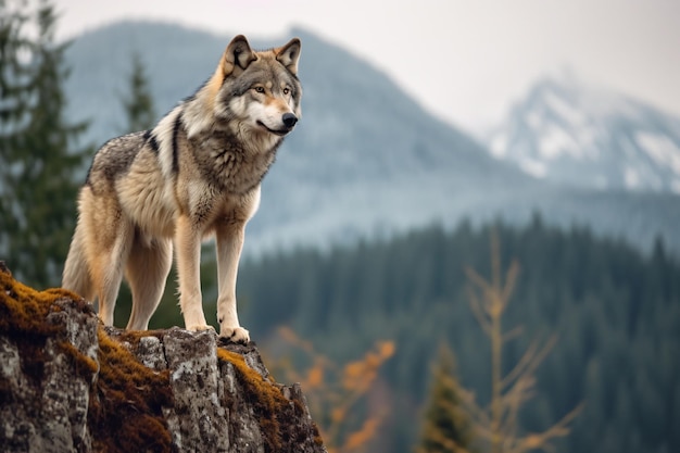 un loup debout sur un rocher dans les montagnes