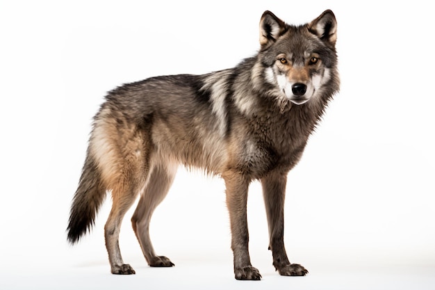 un loup debout sur une surface blanche avec un fond blanc