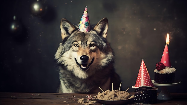 Loup drôle avec un chapeau de fête d'anniversaire en arrière-plan