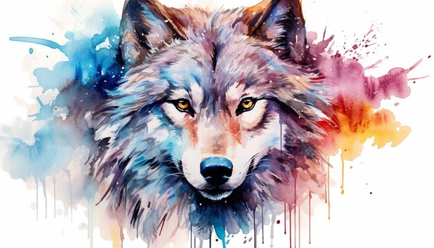 Photo un loup d'une éclaboussure d'aquarelle sur fond blanc