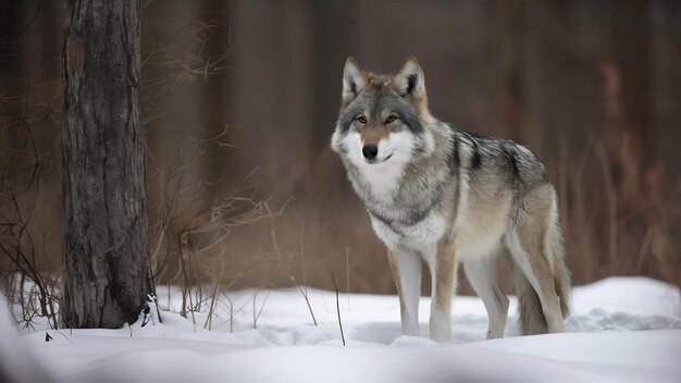 Le loup eurasien dans l'habitat blanc d'hiver belle forêt d'hivers