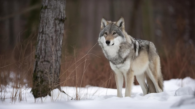 Le loup eurasien dans l'habitat blanc d'hiver belle forêt d'hivers
