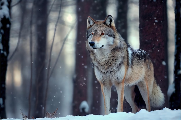 Loup eurasien dans l'habitat d'hiver blanc Belle forêt d'hiver