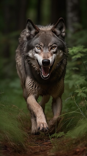 Loup féroce courant vers la caméra grondant avec des dents montrant