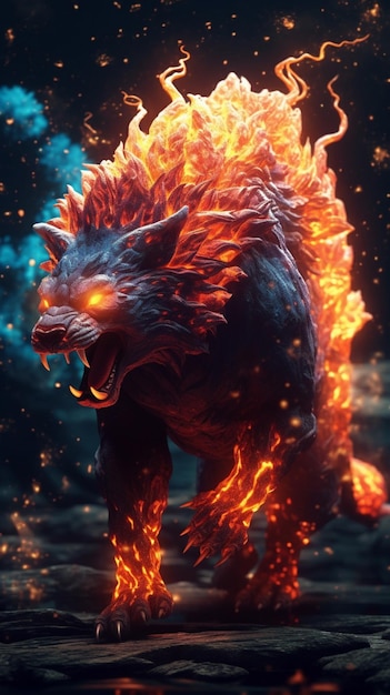 Un loup de feu avec des flammes sur le visage