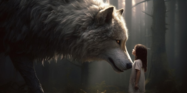 un loup avec une fille regardant la caméra