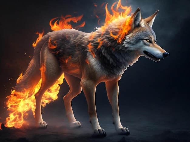 Un loup avec des flammes sur le dos ai généré