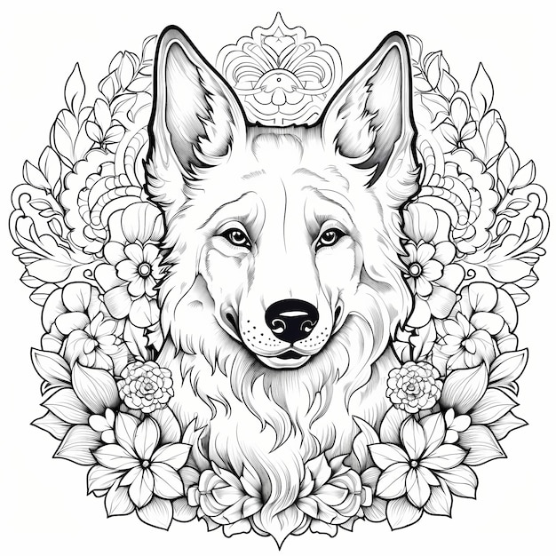 Un loup avec des fleurs en arrière-plan et un dessin d'un loup avec des fleurs au milieu.