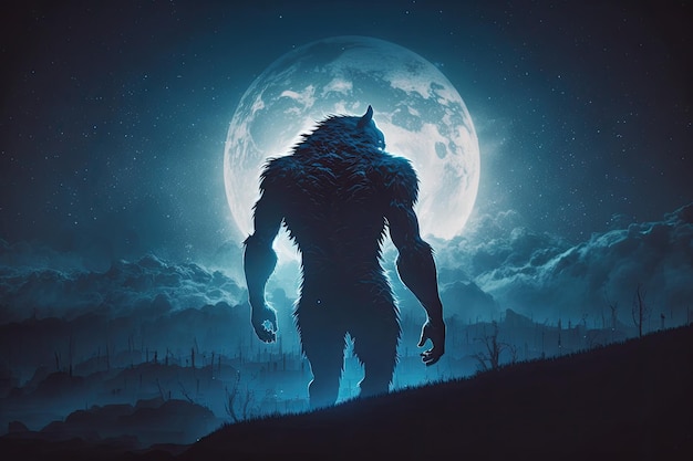 Loup-garou au milieu de la pleine lune hurlant dans le ciel nocturne créé avec une IA générative