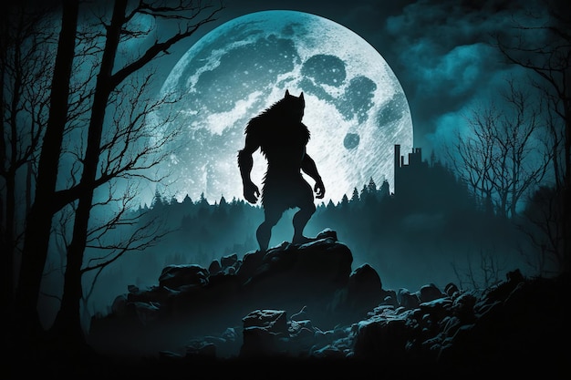 Loup-garou monstre au sommet d'une falaise sur fond de lune la nuit Illustration de l'IA générative