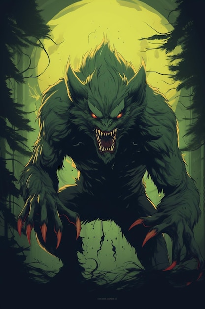 Un loup-garou avec un visage effrayant est dans une forêt.