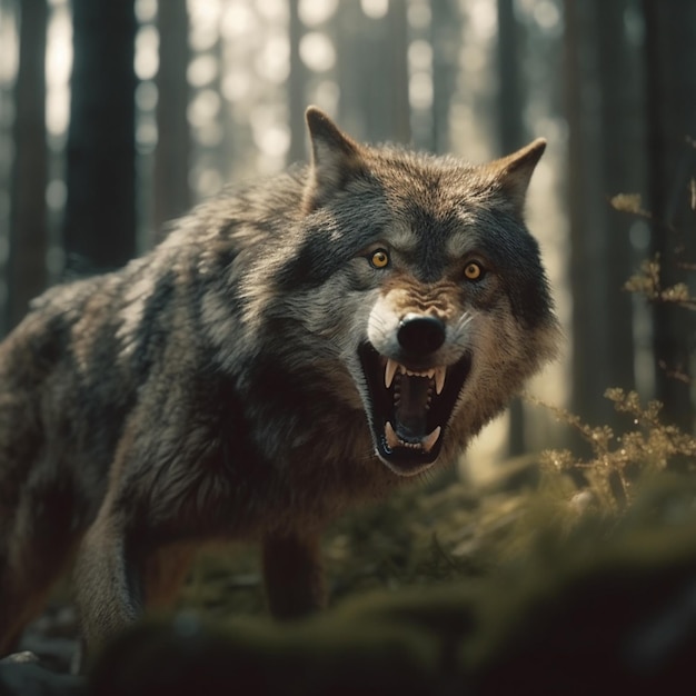 Un loup avec une grande gueule et un gros nez