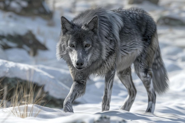 Photo loup gris canis lupus traque l'animal captif à l'avant