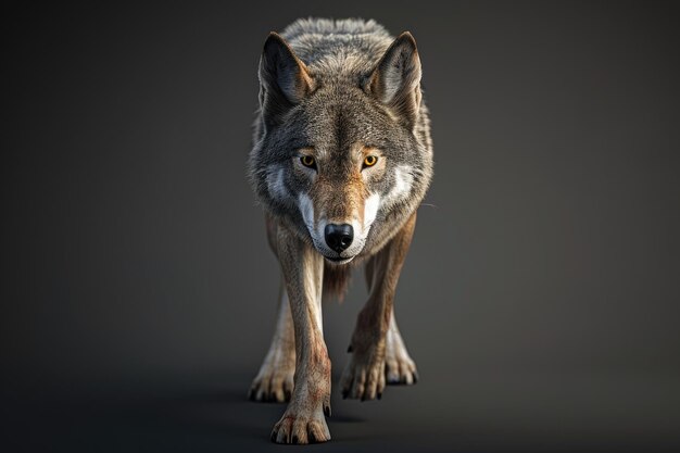 Photo loup gris canis lupus traque l'animal captif à l'avant