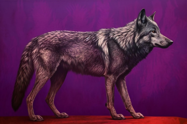 Un loup gris isolé sur fond violet vue de face