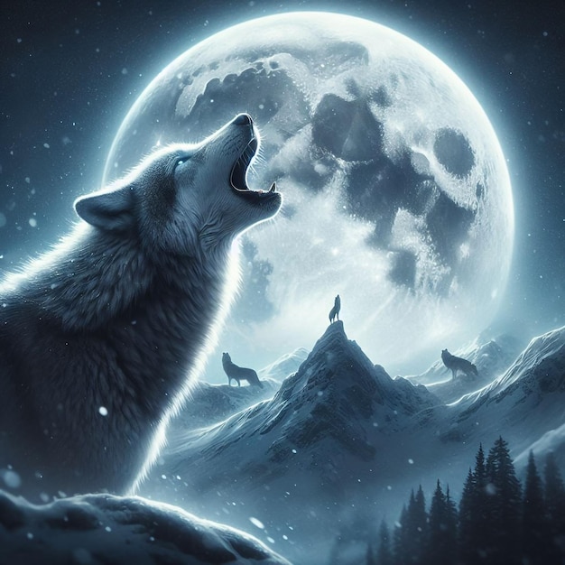 Photo un loup gris et sauvage hurlant à la pleine lune dans une montagne enneigée avec sa fourrure et ses yeux brillants