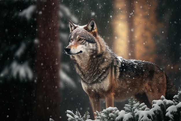 Un loup hurlant dans les bois enneigés.