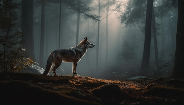 Un loup hurlant dans la forêt sombre généré par l'IA