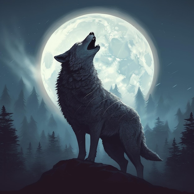 loup hurlant une nuit de pleine lune sur une montagne