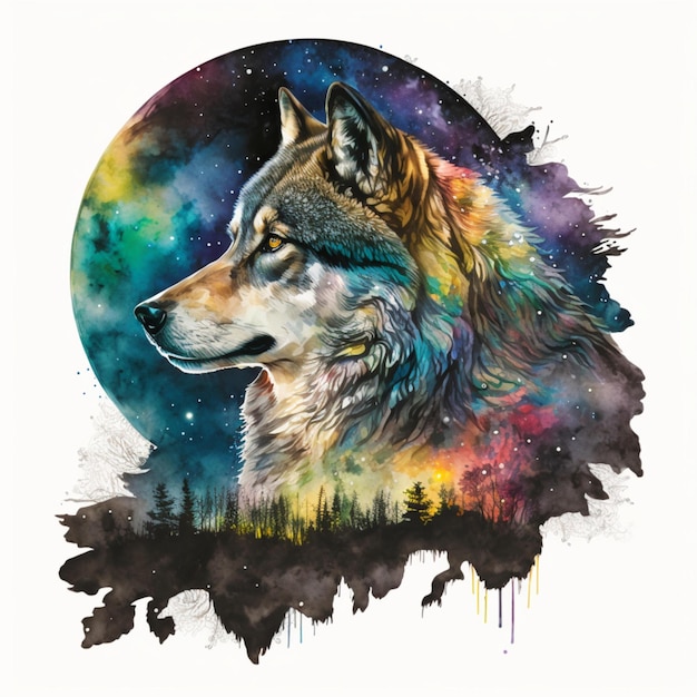 loup, lune, aquarelle, résumé