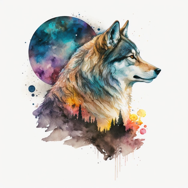 loup, lune, aquarelle, résumé