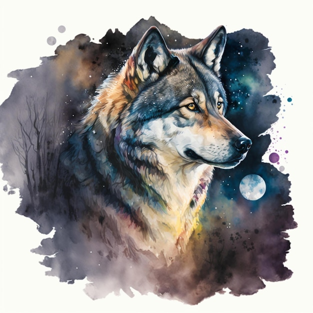 loup, lune, aquarelle, résumé