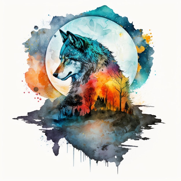 loup, lune, aquarelle, résumé