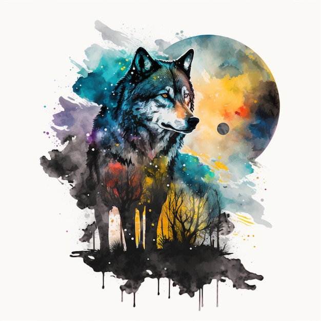 loup, lune, aquarelle, résumé