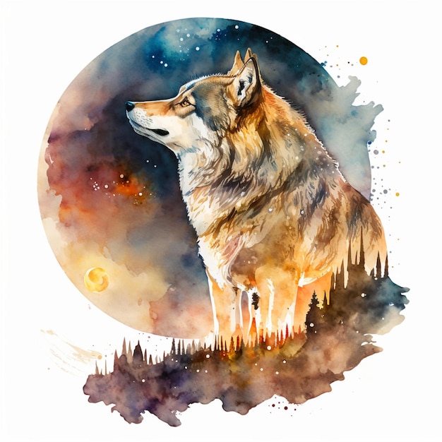 loup, lune, aquarelle, résumé