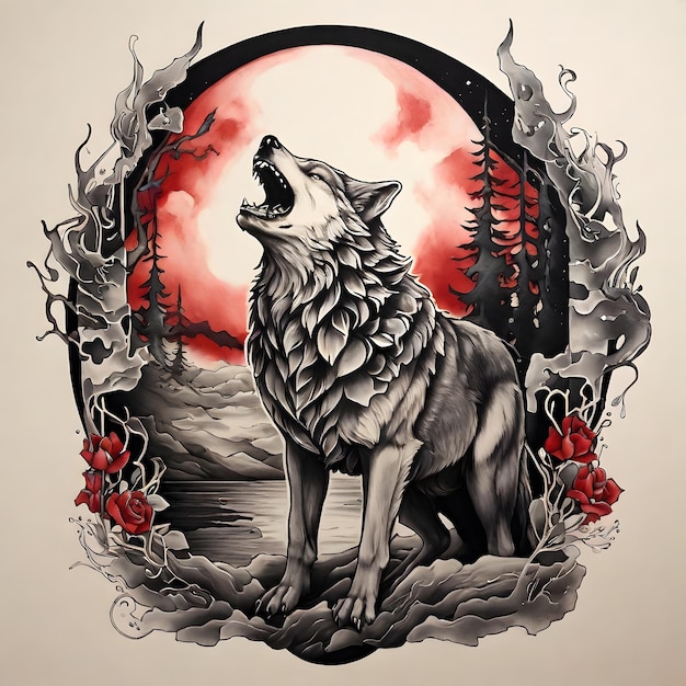 Photo un loup avec une lune rouge en arrière-plan