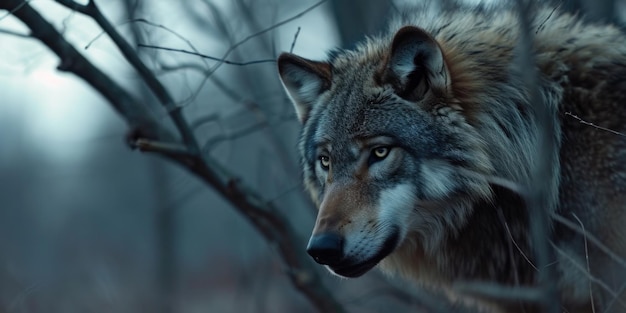 Loup majestueux dans une forêt brumeuse