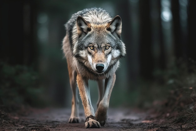 Loup marchant sur un chemin dans la forêt IA générative