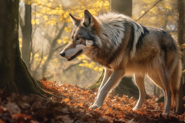 Loup marchant dans une forêt d'automne IA générative