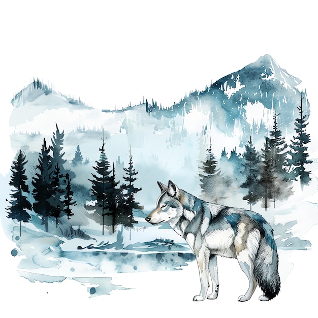 un loup avec une montagne en arrière-plan