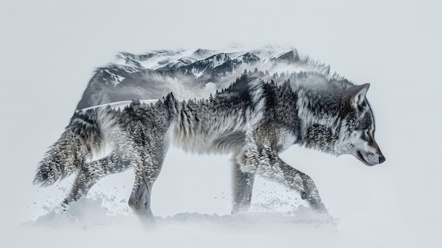 Loup et montagne enneigée double exposition combinant la faune avec un terrain accidenté