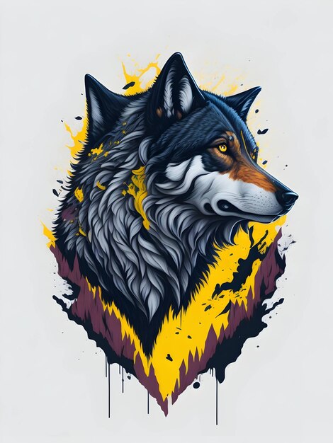 Loup avec montagne et illustration de neige colorée sur fond noir pour la conception de t-shirt