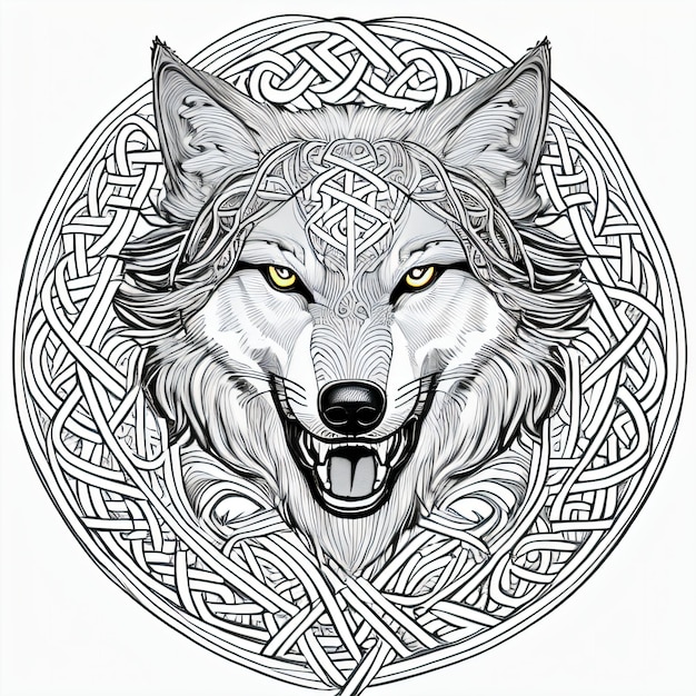Photo un loup avec un motif celtique sur sa tête et des yeux dans un cercle avec un motif de nœuds celtiques autour