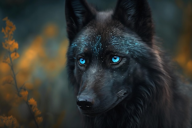 loup noir aux yeux bleus