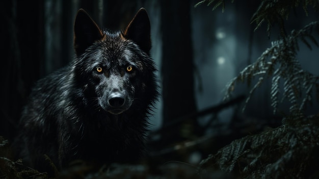 Un loup noir dans la forêt la nuit