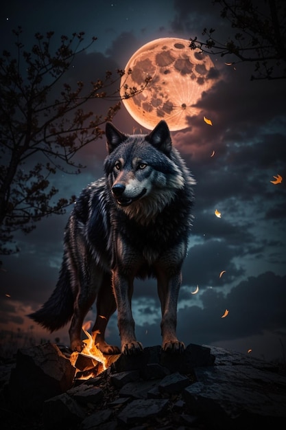 un loup noir reste sous la lune en feu